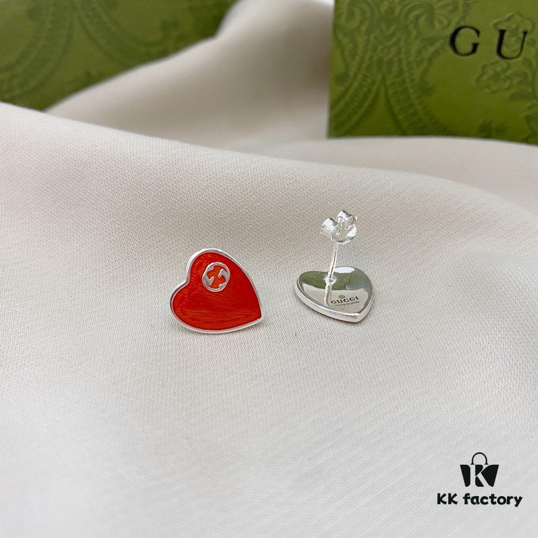 Gucci Gucci 925 Sterling Silver Double G Enamel Red Heart Stud Earrings