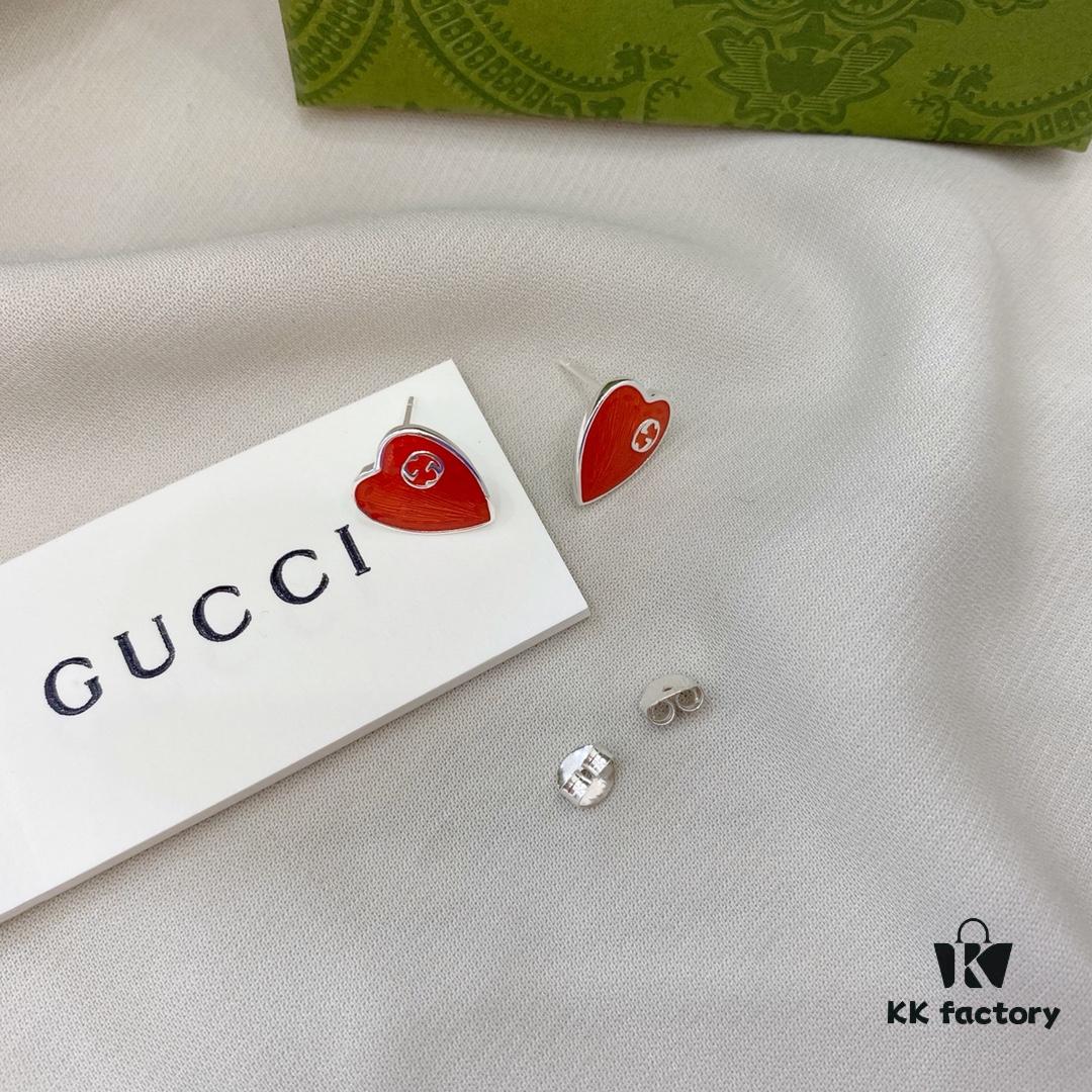 Gucci Gucci 925 Sterling Silver Double G Enamel Red Heart Stud Earrings