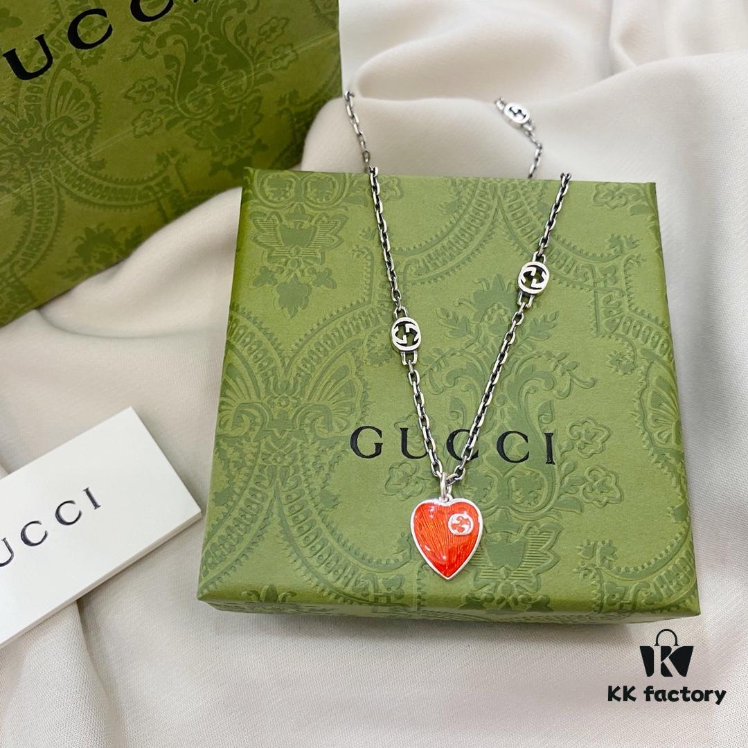 Gucci Gucci 925 Sterling Silver Interlocking Double G Enamel Red Heart Pendant Necklace