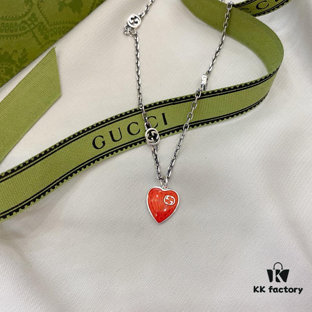 Gucci Gucci 925 Sterling Silver Interlocking Double G Enamel Red Heart Pendant Necklace