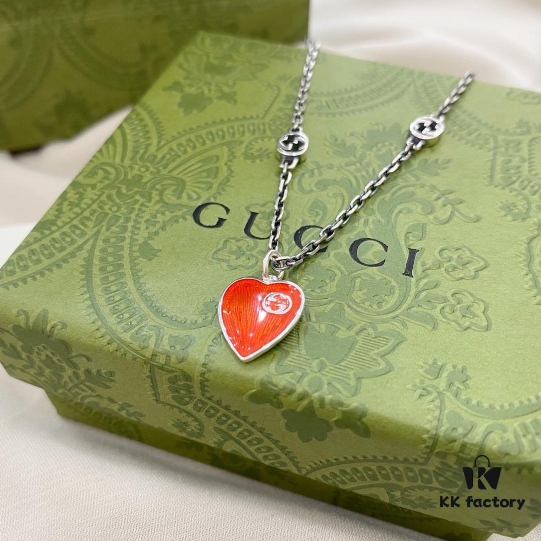 Gucci Gucci 925 Sterling Silver Interlocking Double G Enamel Red Heart Pendant Necklace
