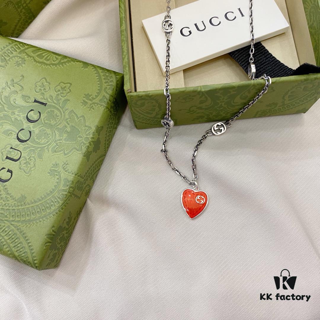 Gucci Gucci 925 Sterling Silver Interlocking Double G Enamel Red Heart Pendant Necklace