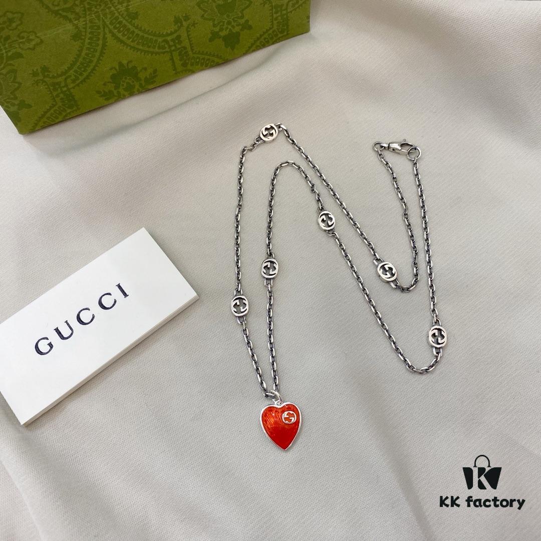 Gucci Gucci 925 Sterling Silver Interlocking Double G Enamel Red Heart Pendant Necklace