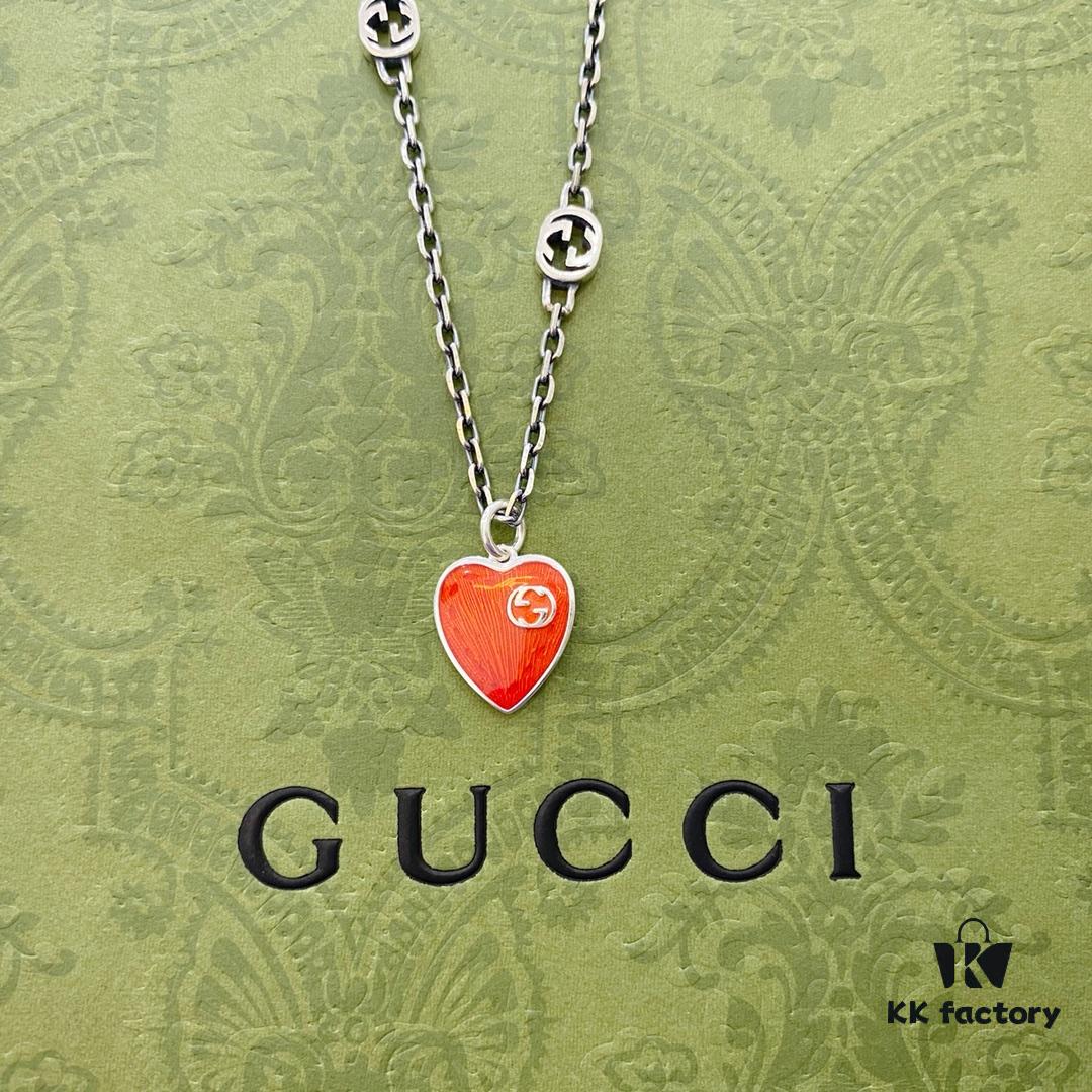 Gucci Gucci 925 Sterling Silver Interlocking Double G Enamel Red Heart Pendant Necklace