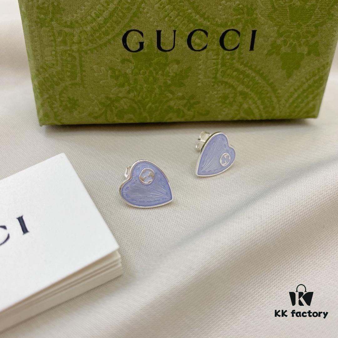 Gucci Gucci 925 Sterling Silver Double G Enamel Light Blue Heart Stud Earrings