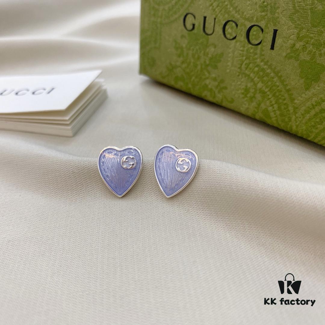 Gucci Gucci 925 Sterling Silver Double G Enamel Light Blue Heart Stud Earrings