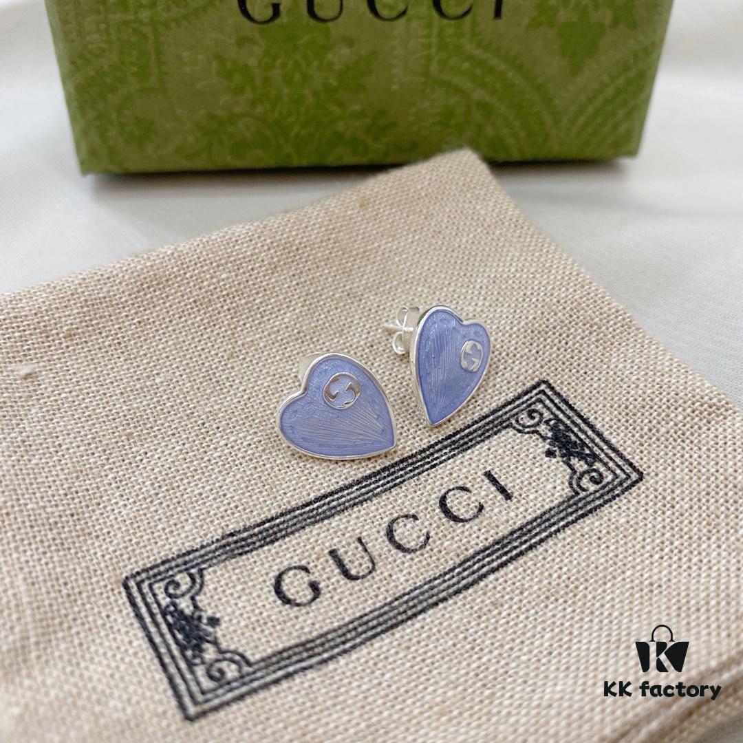 Gucci Gucci 925 Sterling Silver Double G Enamel Light Blue Heart Stud Earrings