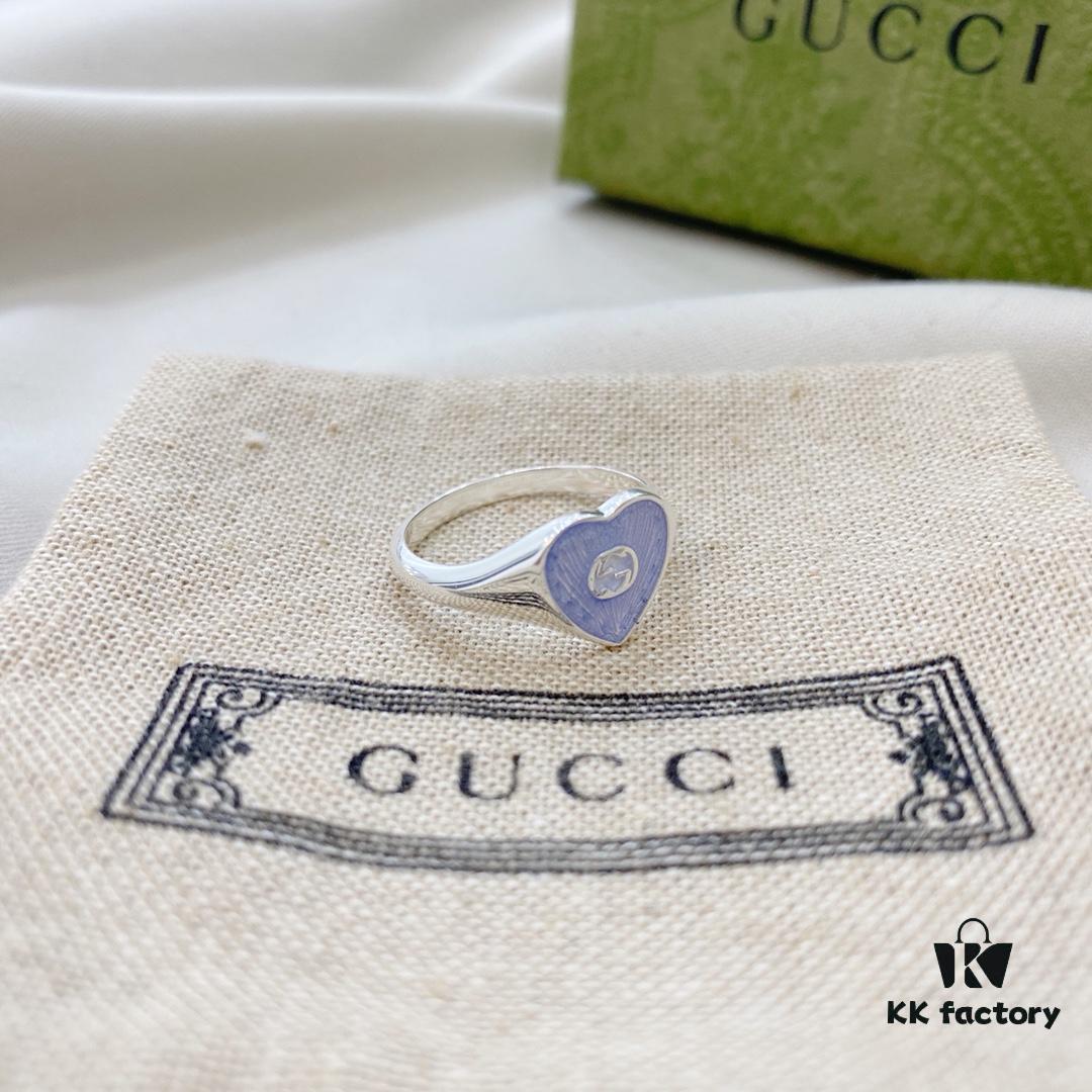 Gucci Gucci 925 Sterling Silver Double G Enamel Light Blue Heart Ring