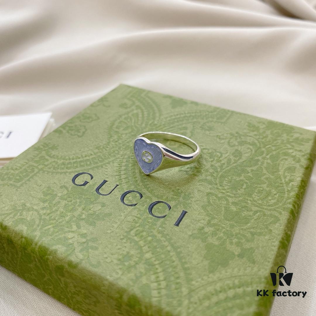 Gucci Gucci 925 Sterling Silver Double G Enamel Light Blue Heart Ring