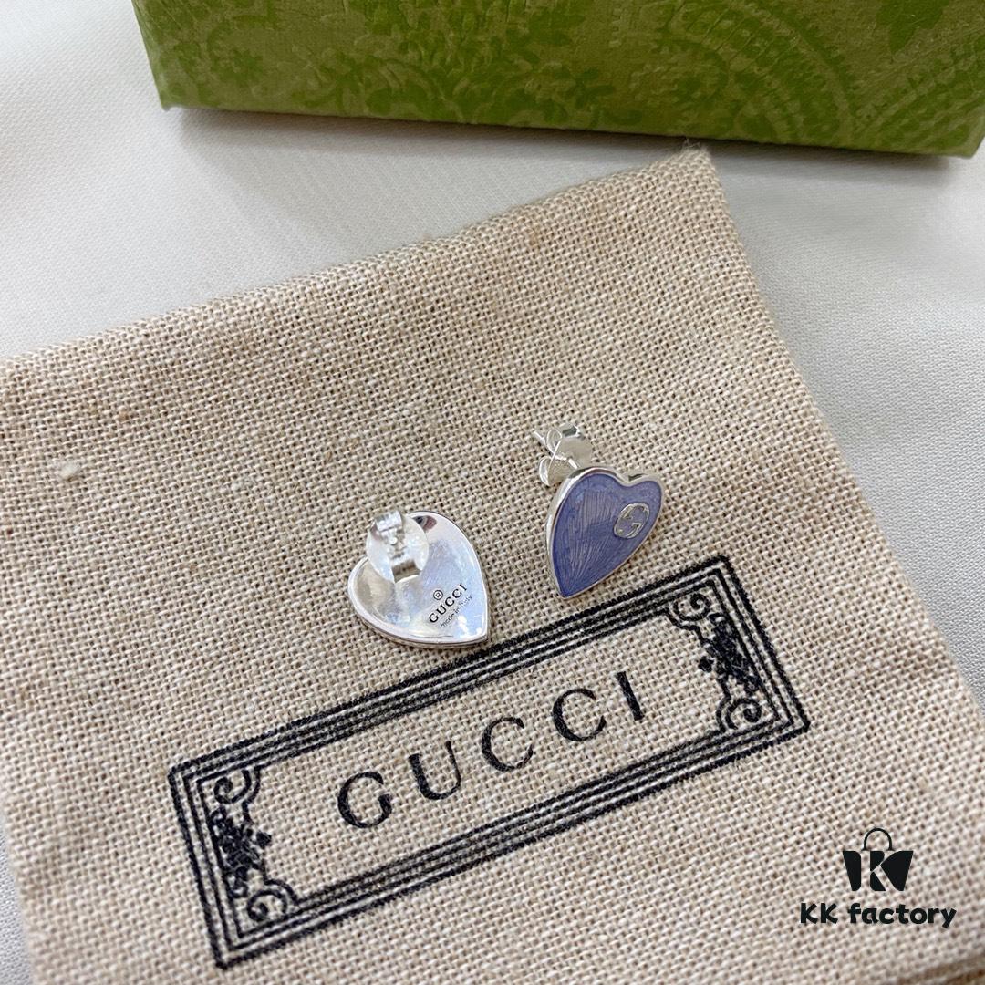 Gucci Gucci 925 Sterling Silver Double G Enamel Light Blue Heart Stud Earrings