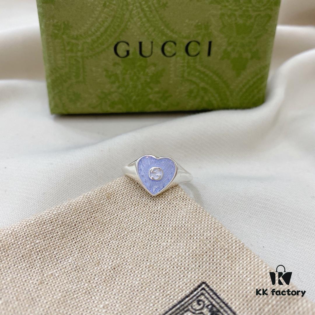 Gucci Gucci 925 Sterling Silver Double G Enamel Light Blue Heart Ring