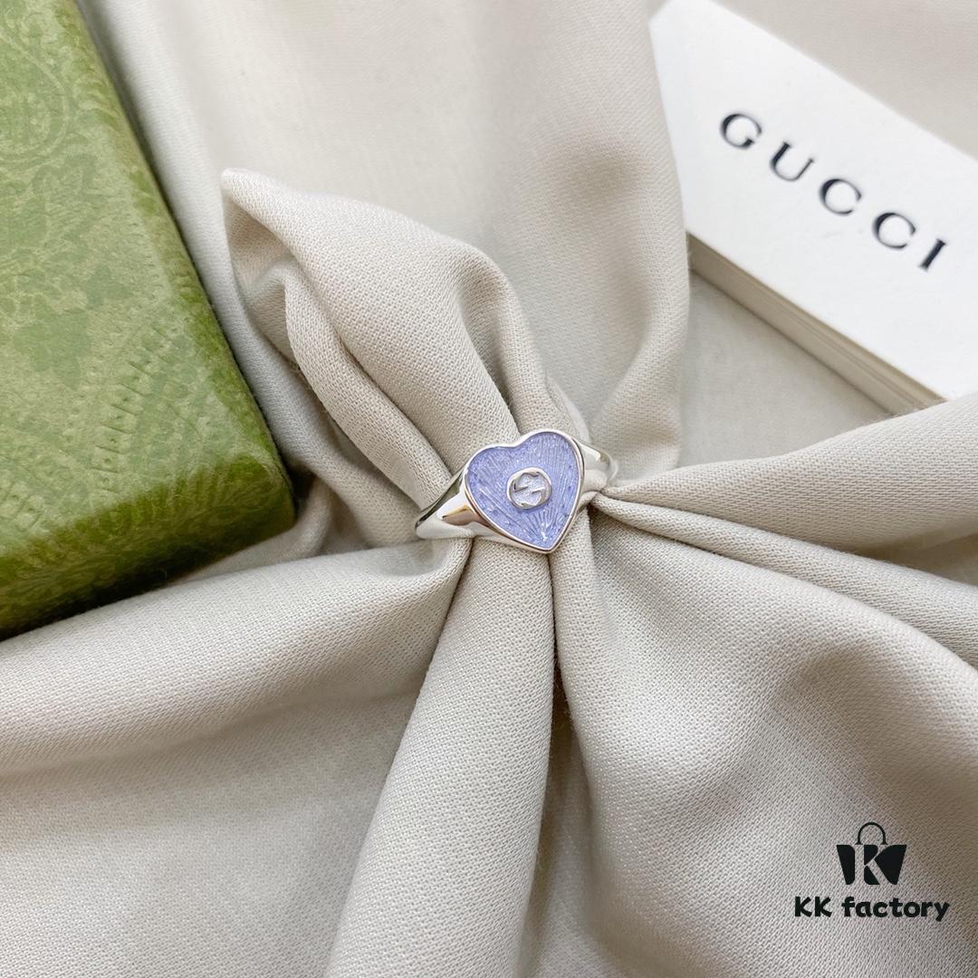 Gucci Gucci 925 Sterling Silver Double G Enamel Light Blue Heart Ring