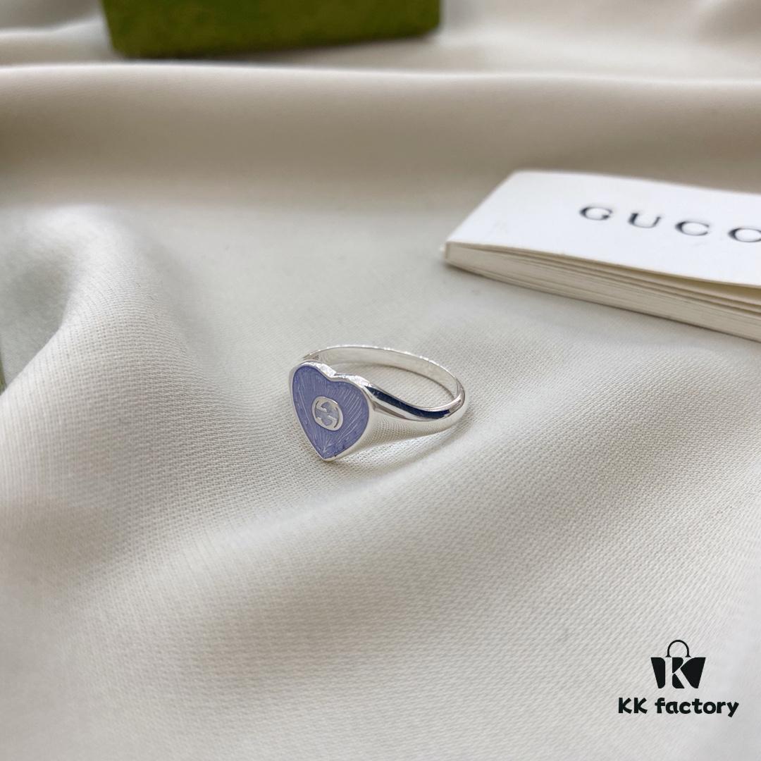 Gucci Gucci 925 Sterling Silver Double G Enamel Light Blue Heart Ring