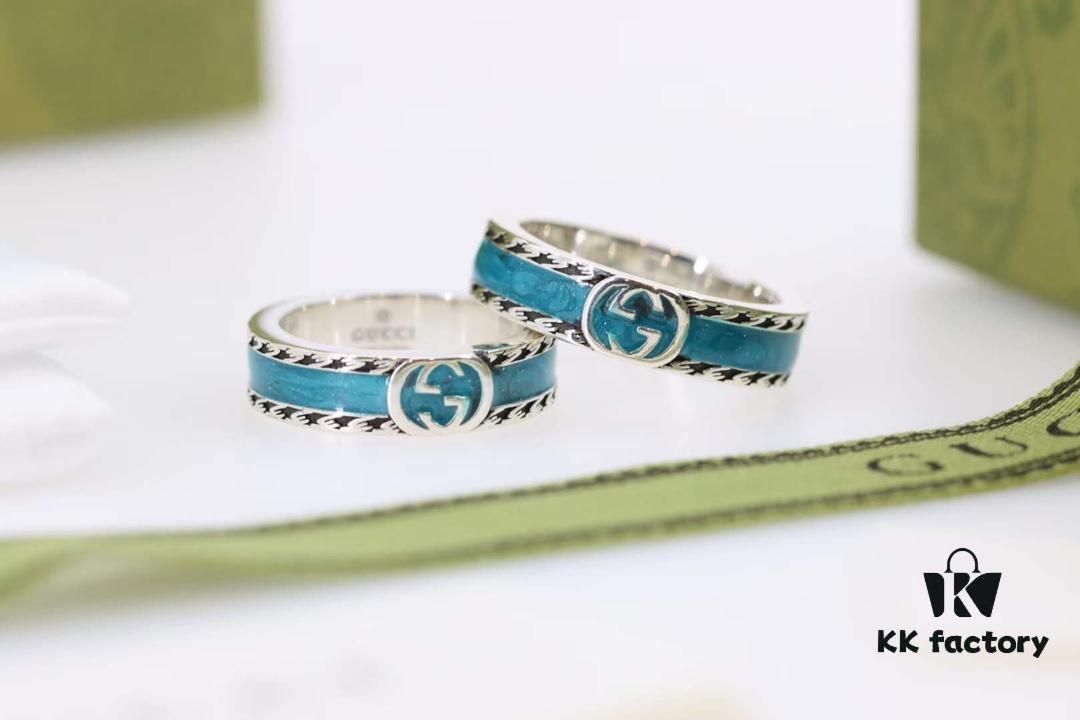 Qixi Gift Selection 💜 Gucci Retro Style Double G Green Enamel Couple Ring