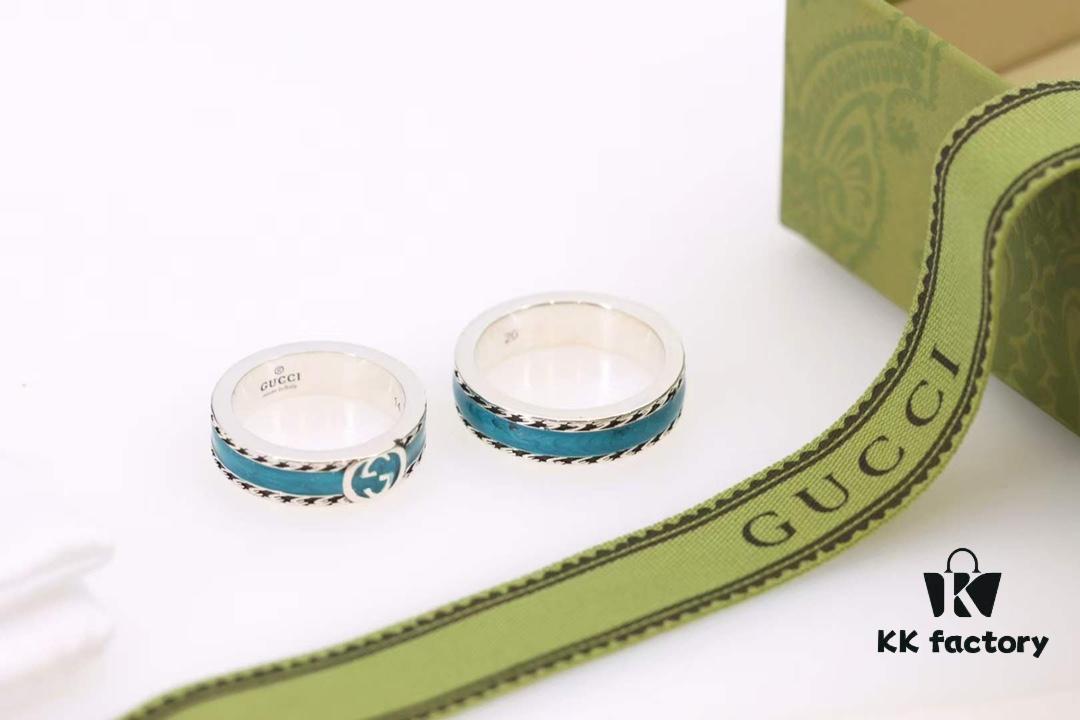 Qixi Gift Selection 💜 Gucci Retro Style Double G Green Enamel Couple Ring