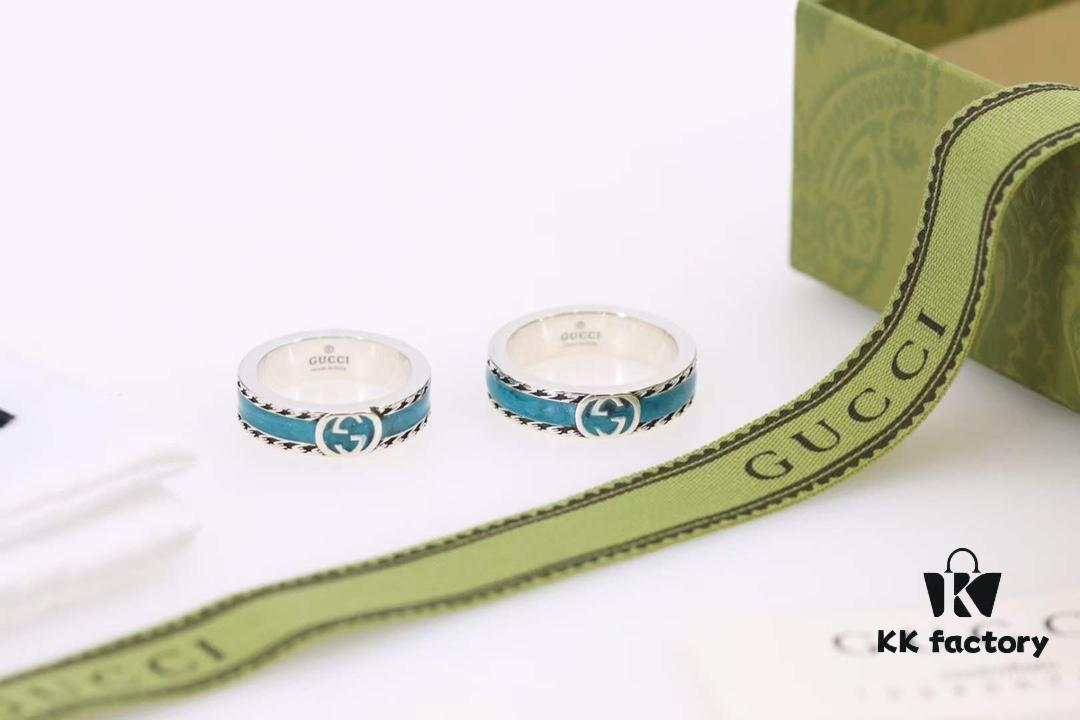 Qixi Gift Selection 💜 Gucci Retro Style Double G Green Enamel Couple Ring