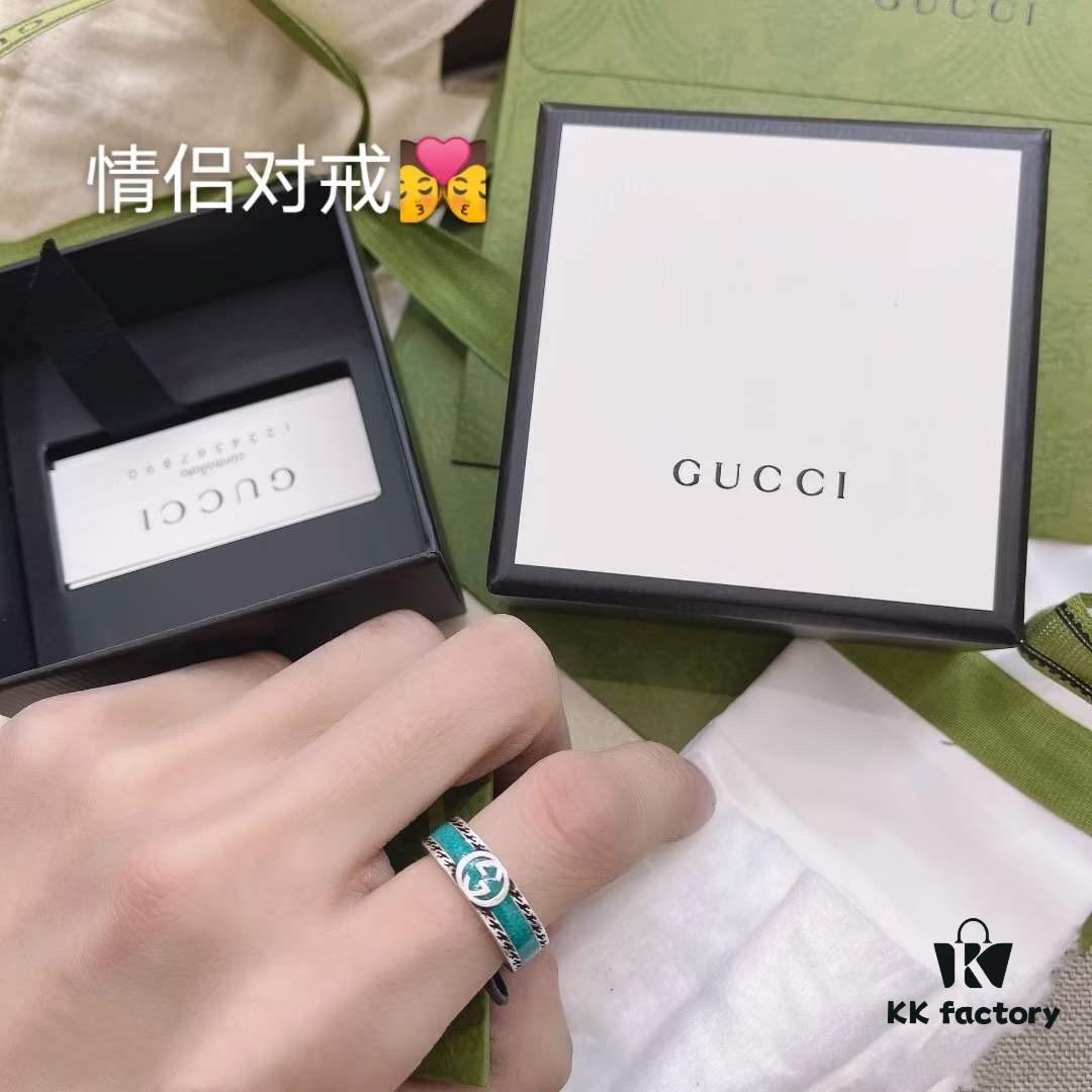 Qixi Gift Selection 💜 Gucci Retro Style Double G Green Enamel Couple Ring