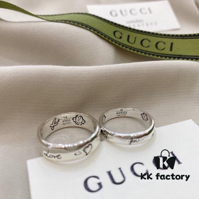 Gucci Gucci 925 Sterling Silver Fearless Love Double G Floral and Bird Couple Ring