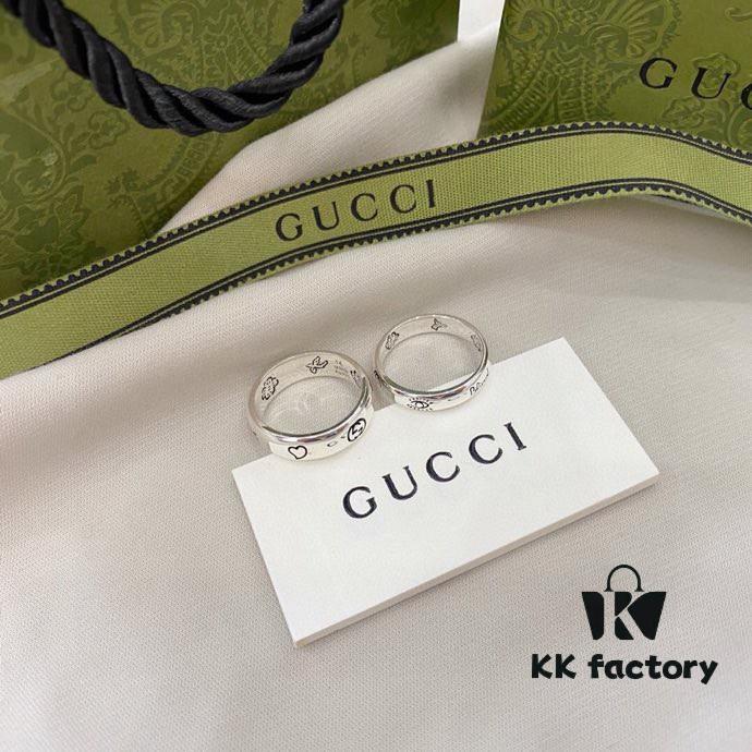 Gucci Gucci 925 Sterling Silver Fearless Love Double G Floral and Bird Couple Ring