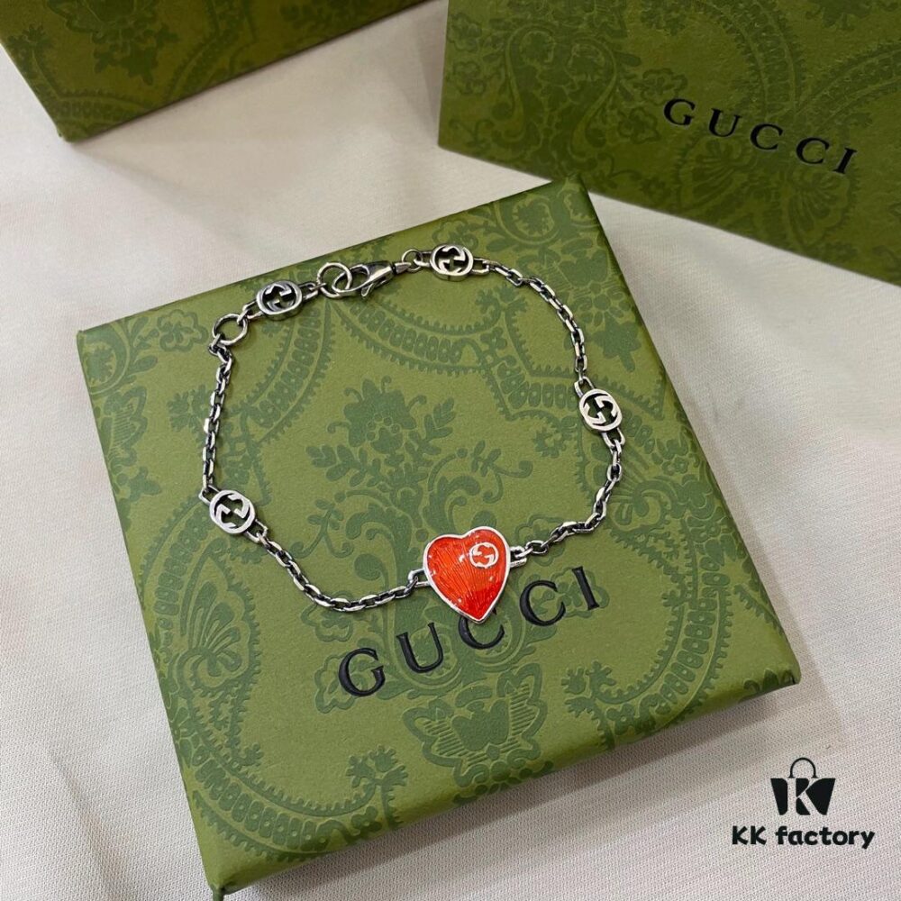 Gucci 925 Sterling Silver Interlocking Double G Enamel Red Heart Bracelet