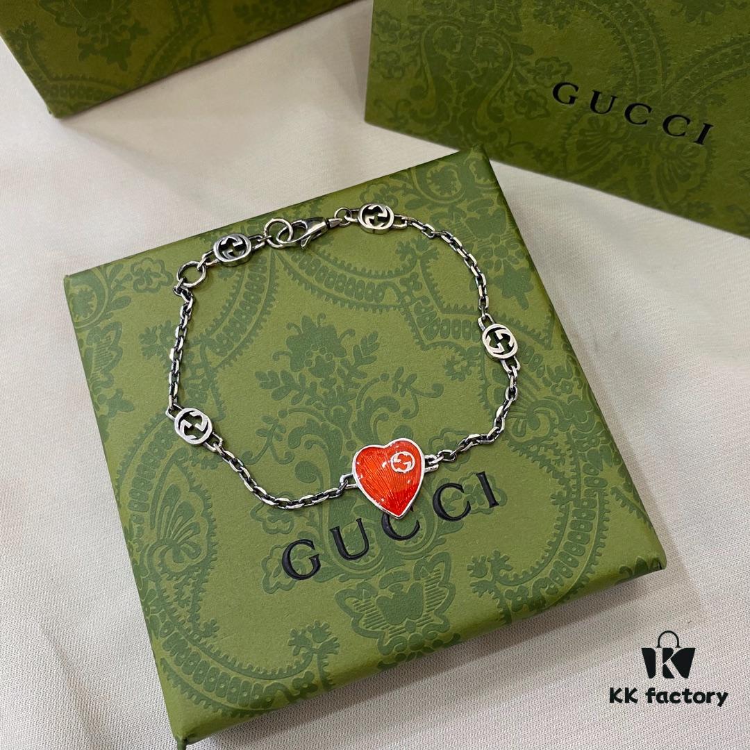 Gucci 925 Sterling Silver Interlocking Double G Enamel Red Heart Bracelet