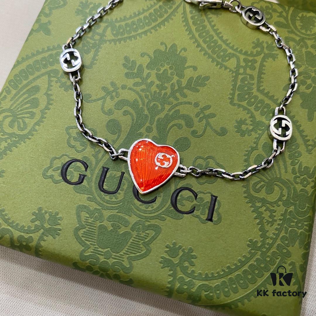 Gucci 925 Sterling Silver Interlocking Double G Enamel Red Heart Bracelet