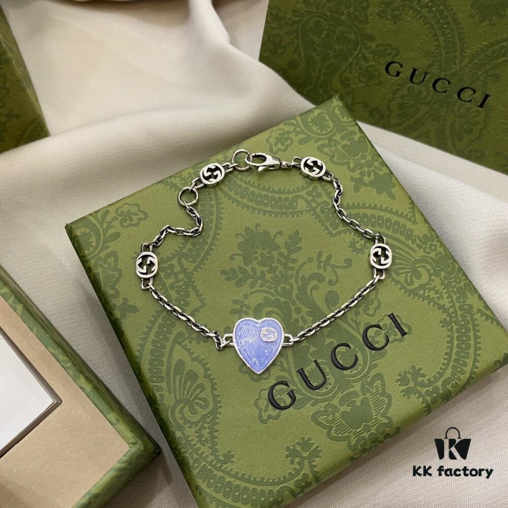 Gucci Interlocking Double G Enamel Blue Heart Bracelet in 925 Sterling Silver