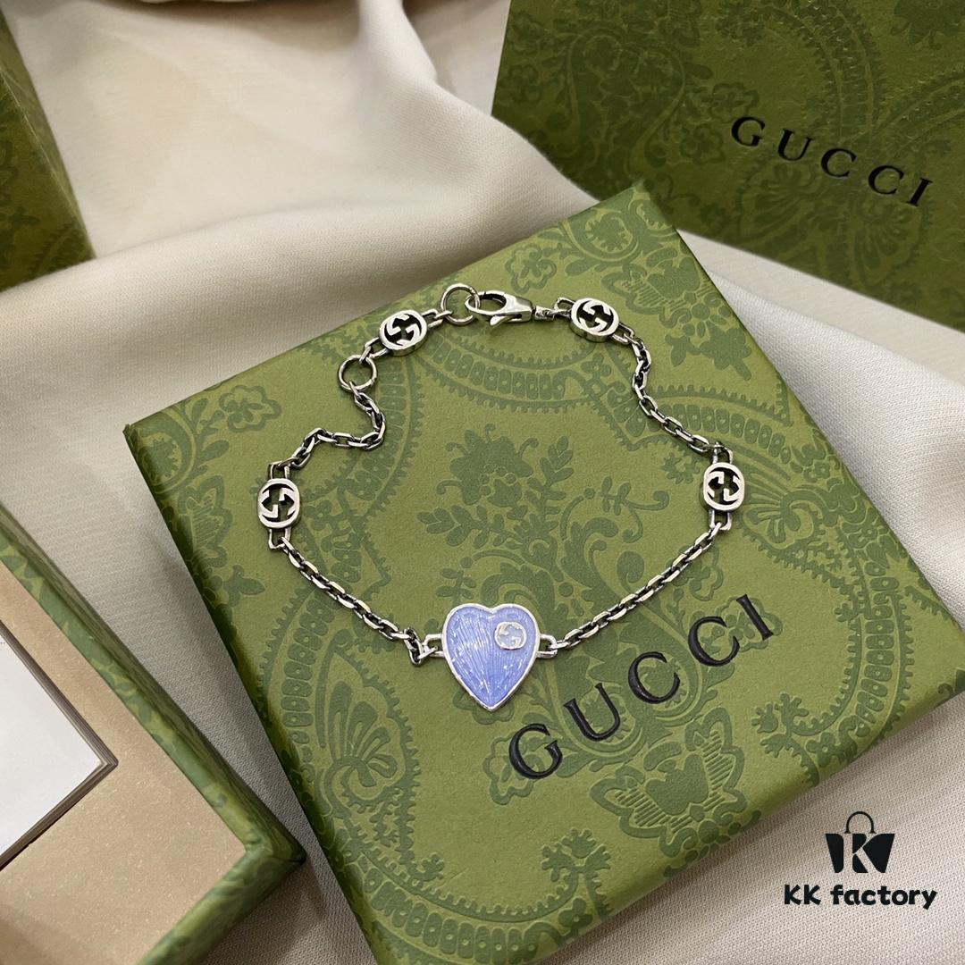 Gucci Interlocking Double G Enamel Blue Heart Bracelet in 925 Sterling Silver