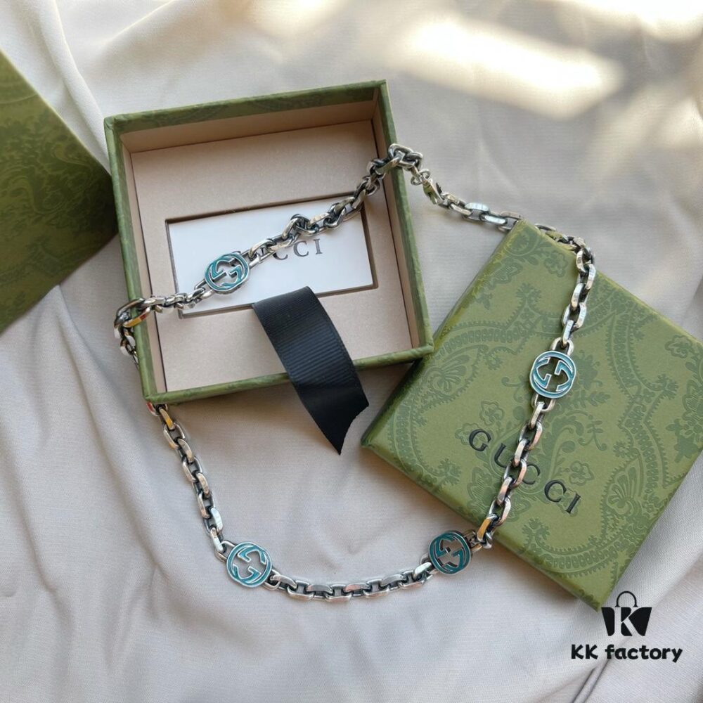 Gucci 925 Sterling Silver Double G Enamel Interlocking Vintage Necklace