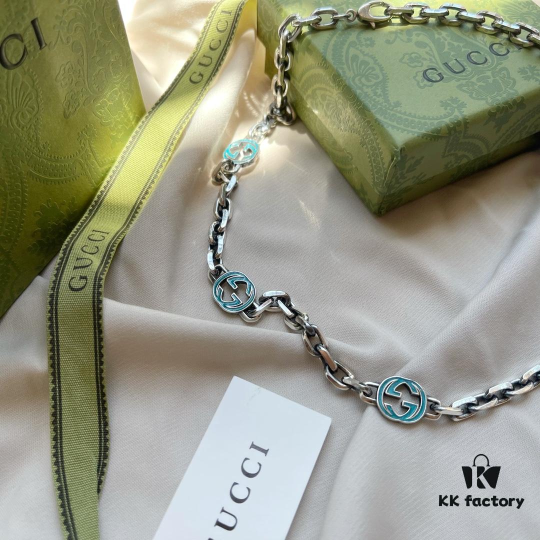 Gucci 925 Sterling Silver Double G Enamel Interlocking Vintage Necklace