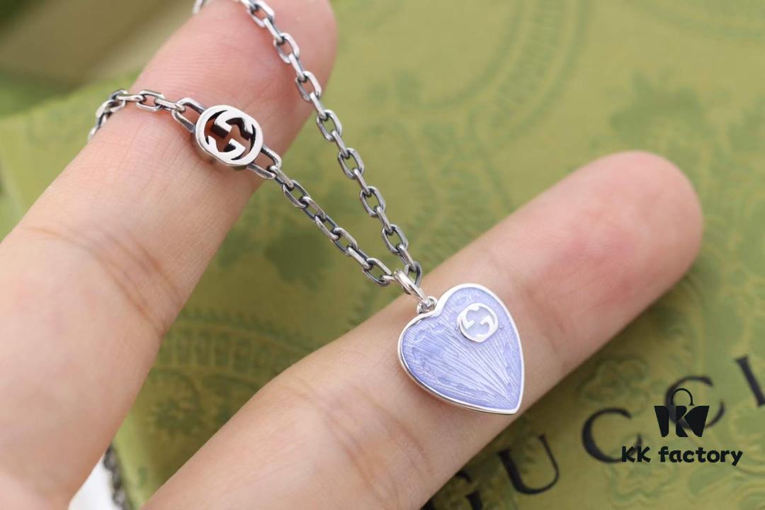 New Arrival💗 Gucci Interlocking Double G Blue Enamel Heart Necklace