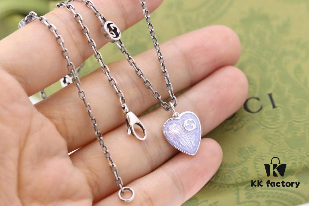 New Arrival💗 Gucci Interlocking Double G Blue Enamel Heart Necklace