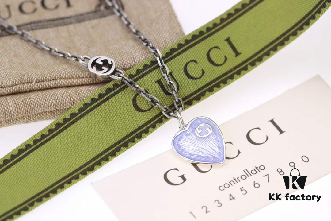 New Arrival💗 Gucci Interlocking Double G Blue Enamel Heart Necklace