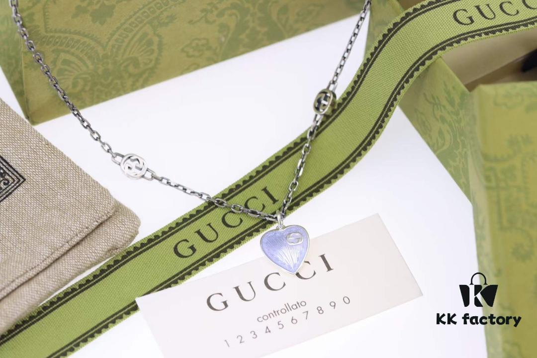 New Arrival💗 Gucci Interlocking Double G Blue Enamel Heart Necklace