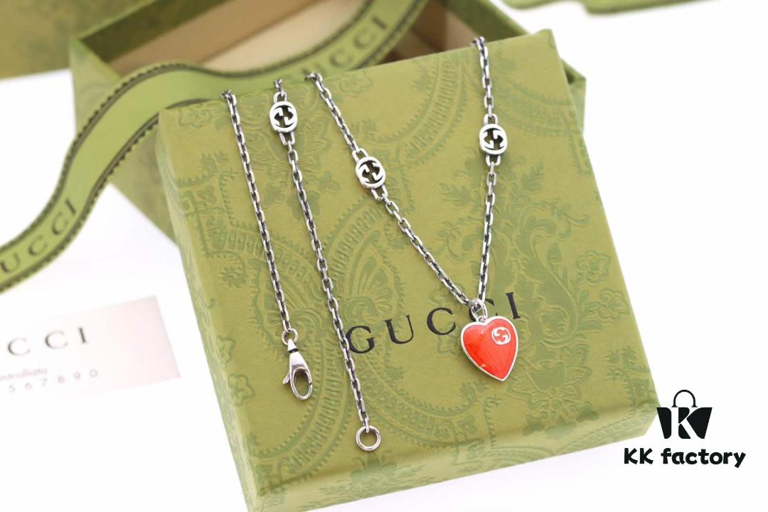 New Arrival💗 Gucci Interlocking Double G Red Enamel Heart Necklace