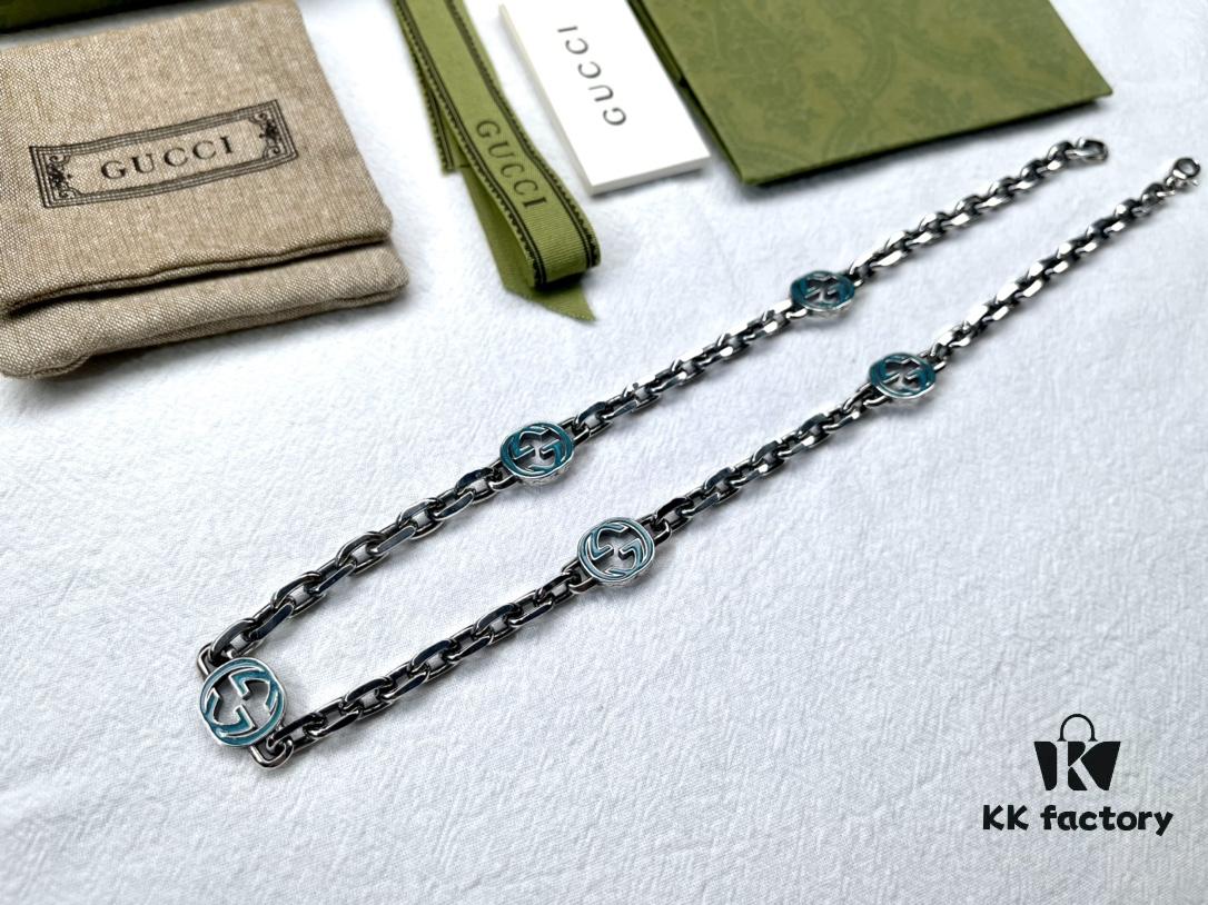 Gucci Vintage Enamel G Logo Aged Silver Necklace