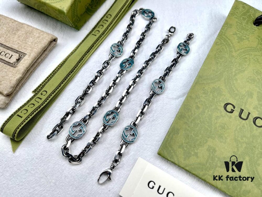 Gucci Vintage Enamel G Logo Aged Silver Necklace