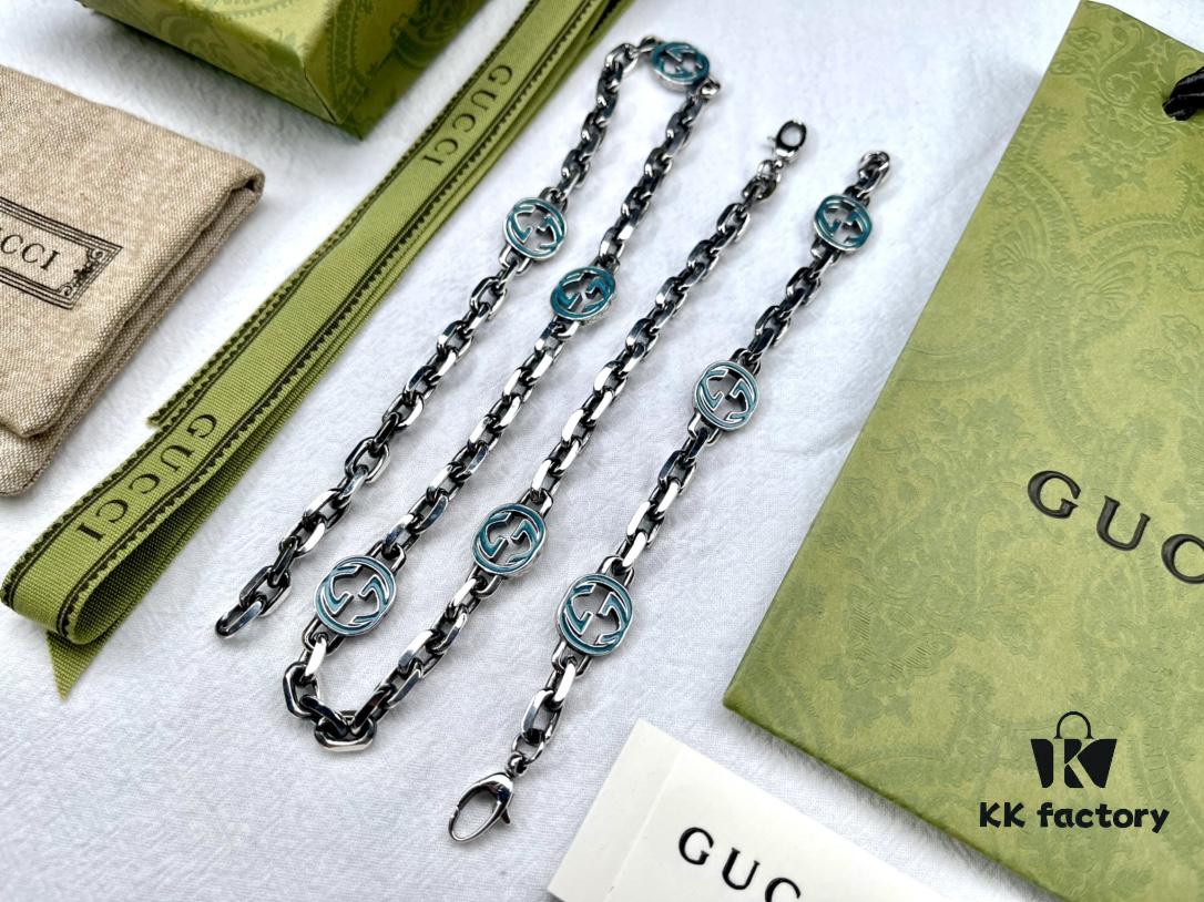 Gucci Vintage Enamel G Logo Aged Silver Necklace