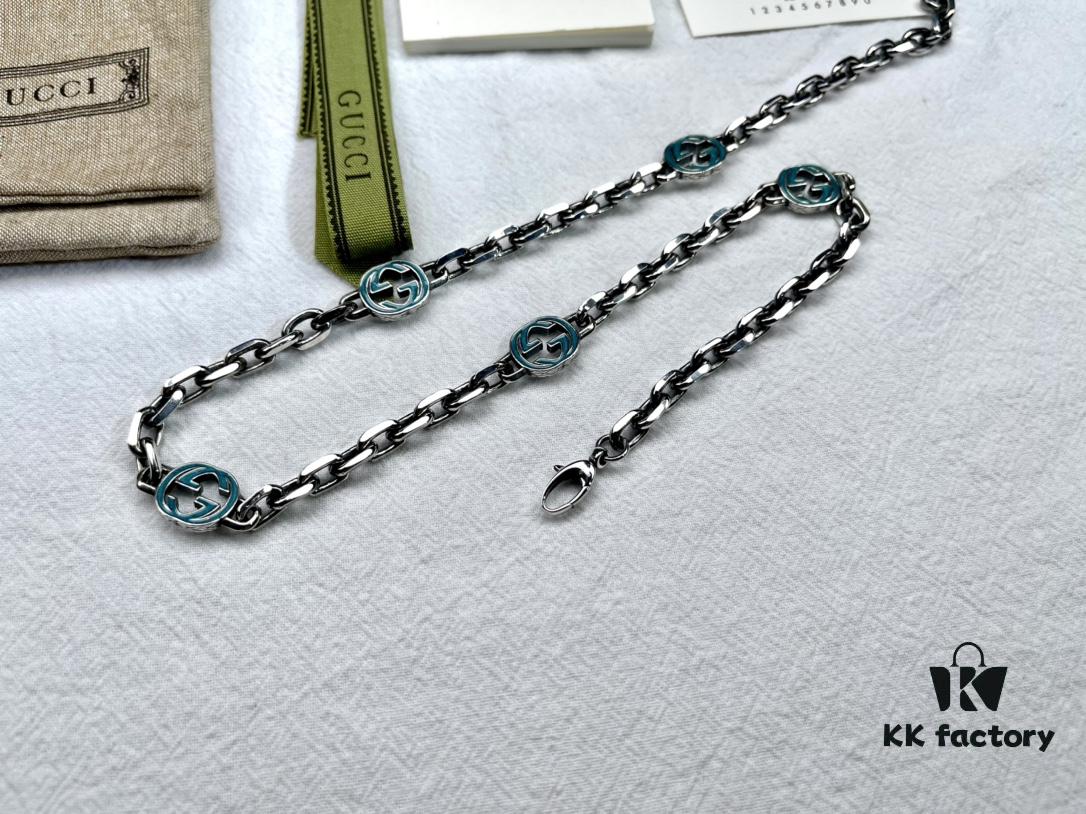 Gucci Vintage Enamel G Logo Aged Silver Necklace