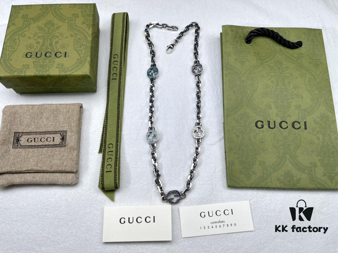 Gucci Vintage Enamel G Logo Aged Silver Necklace