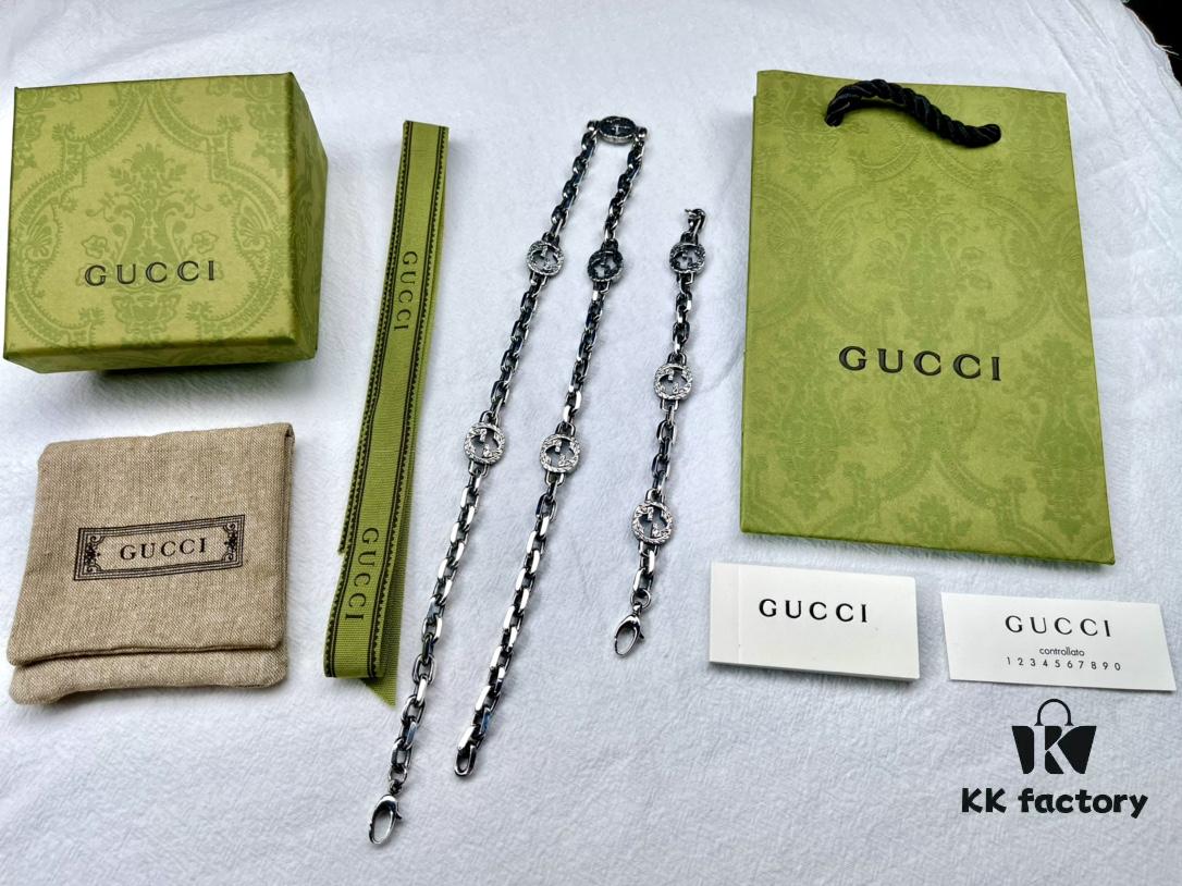 Gucci Vintage Enamel G Logo Aged Silver Necklace