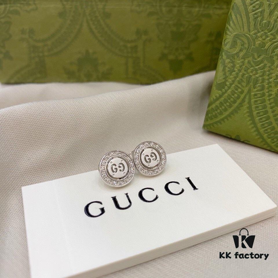 Gucci Gucci 925 Sterling Silver Double G Diamond-Paved Minimalist Stud Earrings