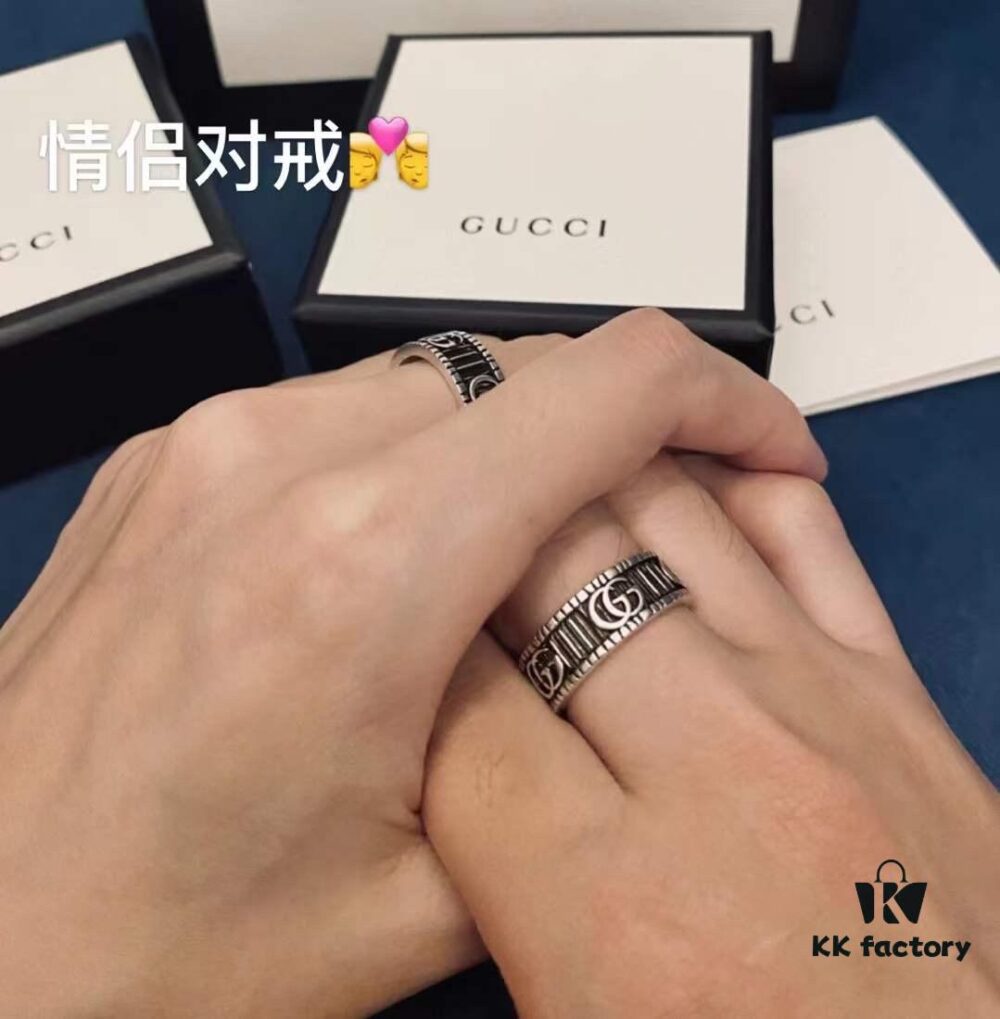 Valentine's Gift ❤️ Gucci Marmont Series Silver Double G Logo Couple Ring (Aged Effect)