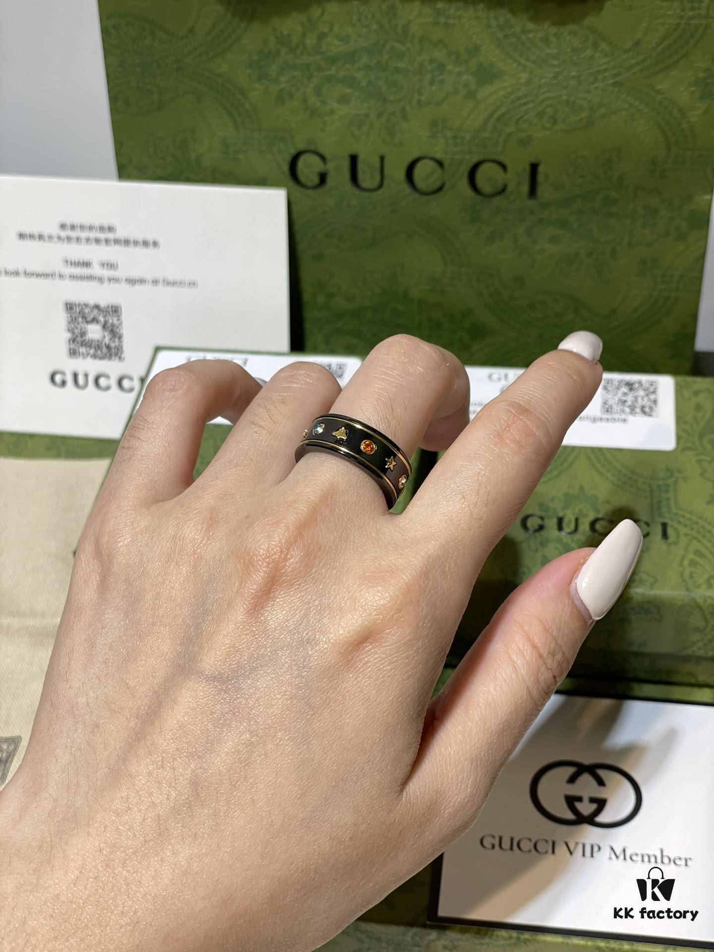 GUCCI Overseas Member Gift - Gucci Gem Ceramic Ring, Sizes 5-11 US, Featuring Classic Double G and Bee Comet Logo in Gold, Exquisitely Crafted, Smooth and Comfortable to Wear, Unisex Design Ideal for Couples