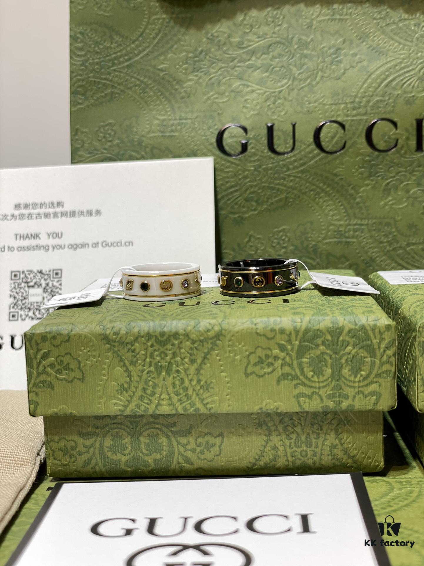 GUCCI Overseas Member Gift - Gucci Gem Ceramic Ring, Sizes 5-11 US, Featuring Classic Double G and Bee Comet Logo in Gold, Exquisitely Crafted, Smooth and Comfortable to Wear, Unisex Design Ideal for Couples