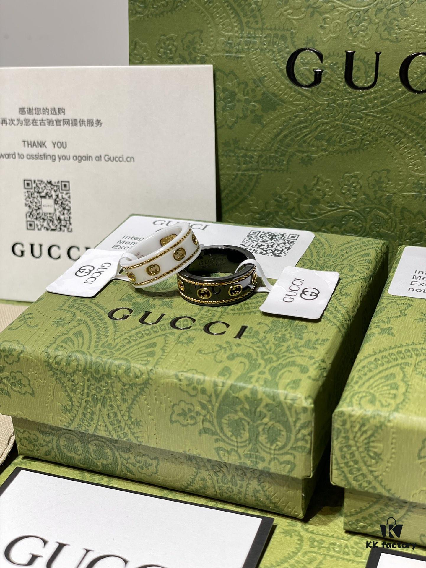 GUCCI Overseas Member Gift - Gucci Gold-Trimmed Double G Ceramic Ring