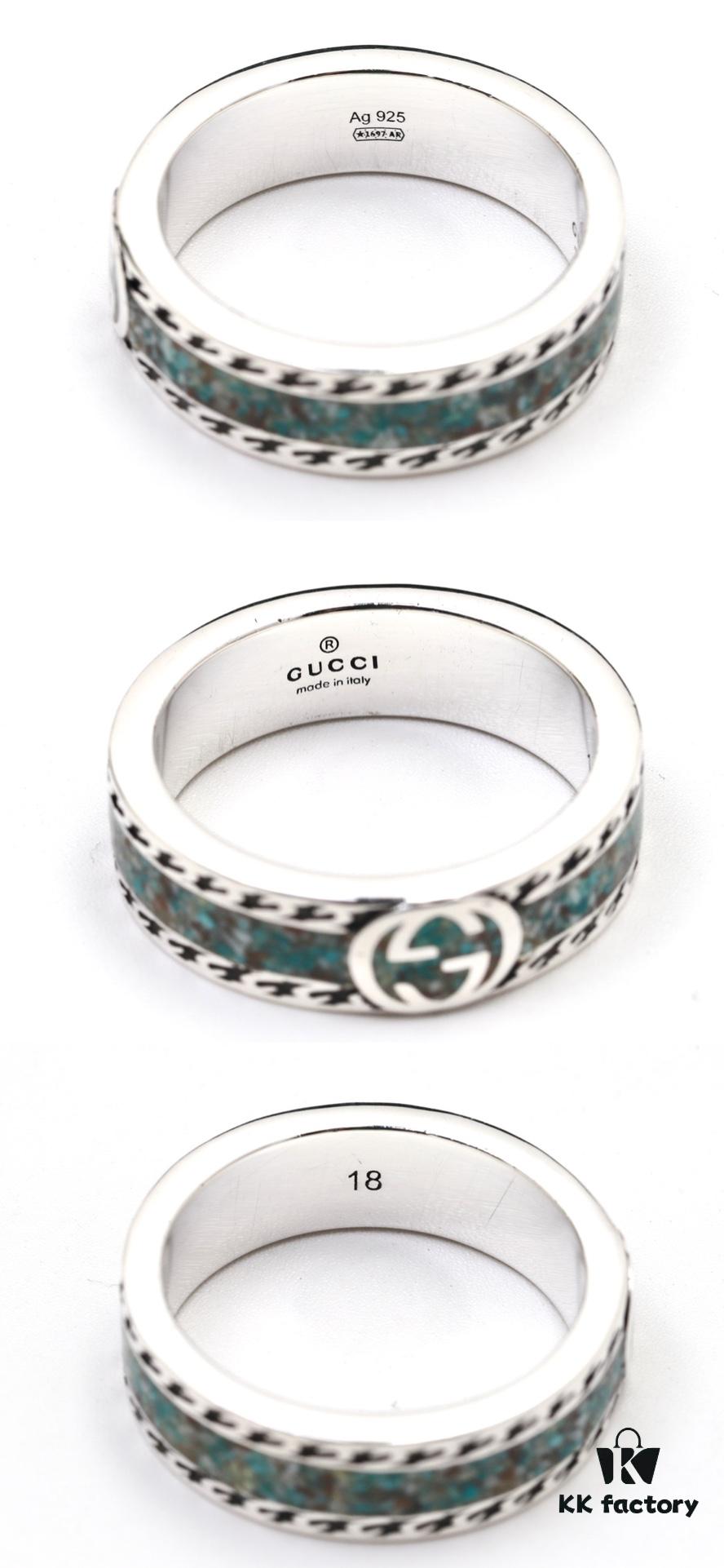 GUCCI New Arrival Interlocking Double G Ring with Stone Texture in Thin Brown and Gem Green Enamel
