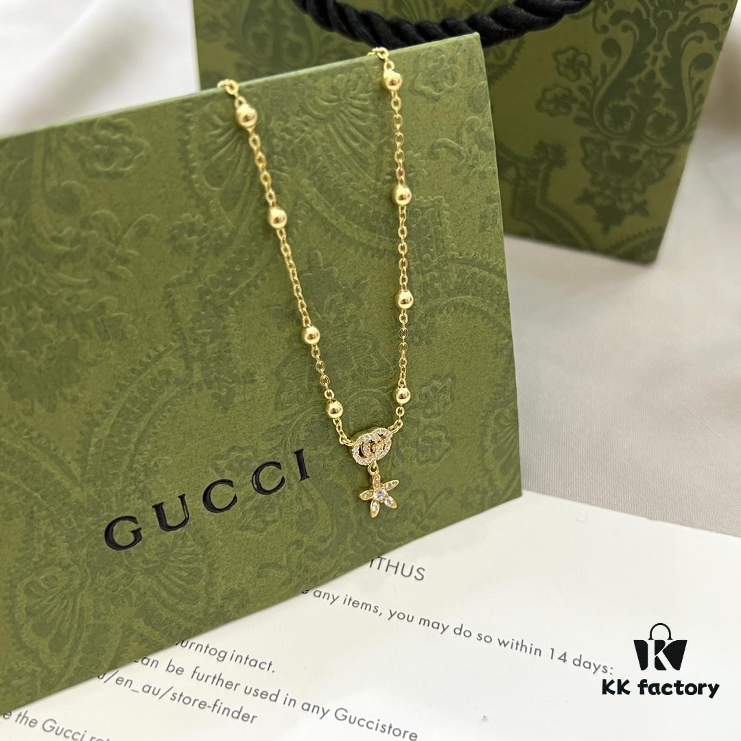 Gucci Gucci 925 Sterling Silver Double G Floral 18K White Gold Diamond Necklace