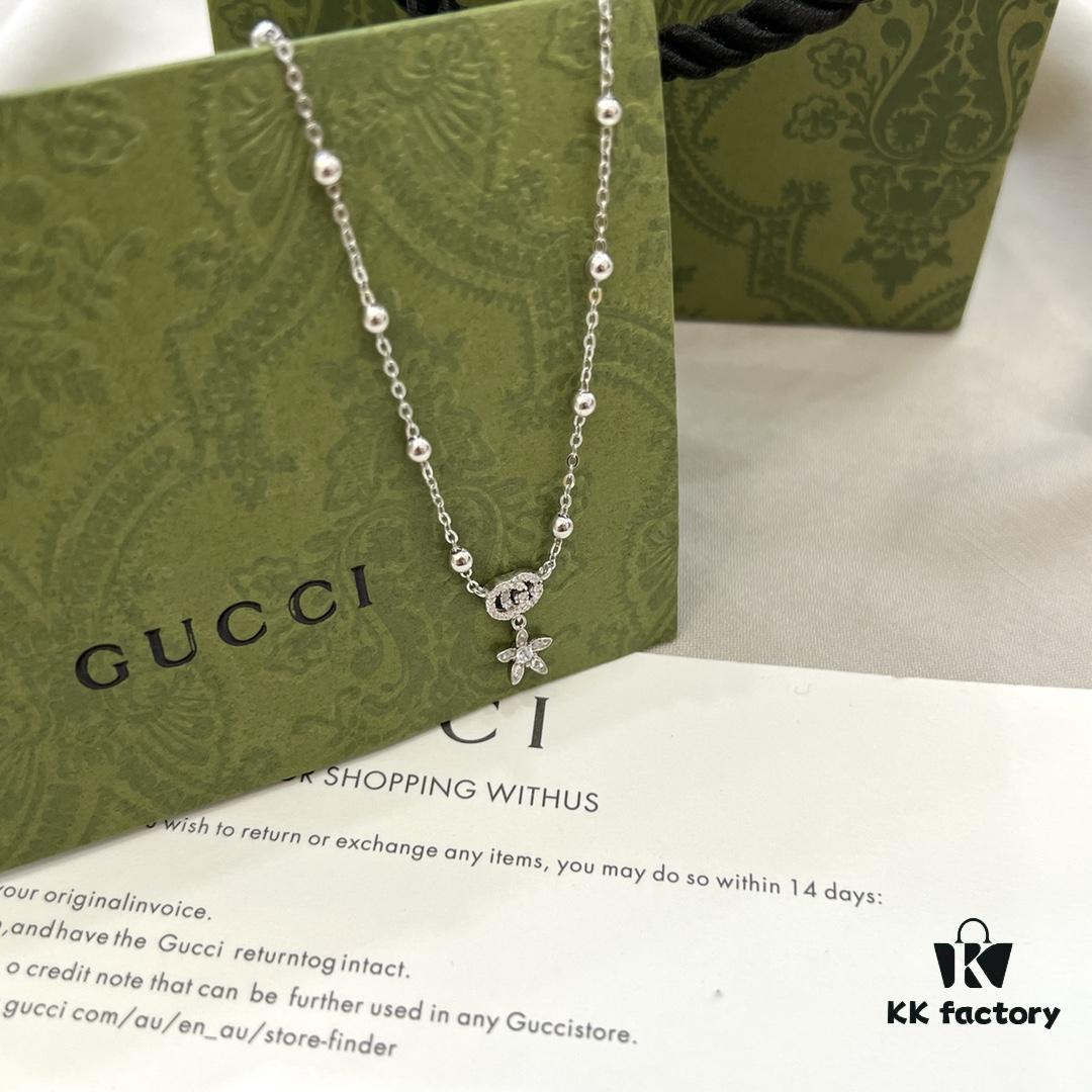 Gucci Gucci 925 Sterling Silver Double G Floral 18K White Gold Diamond Necklace