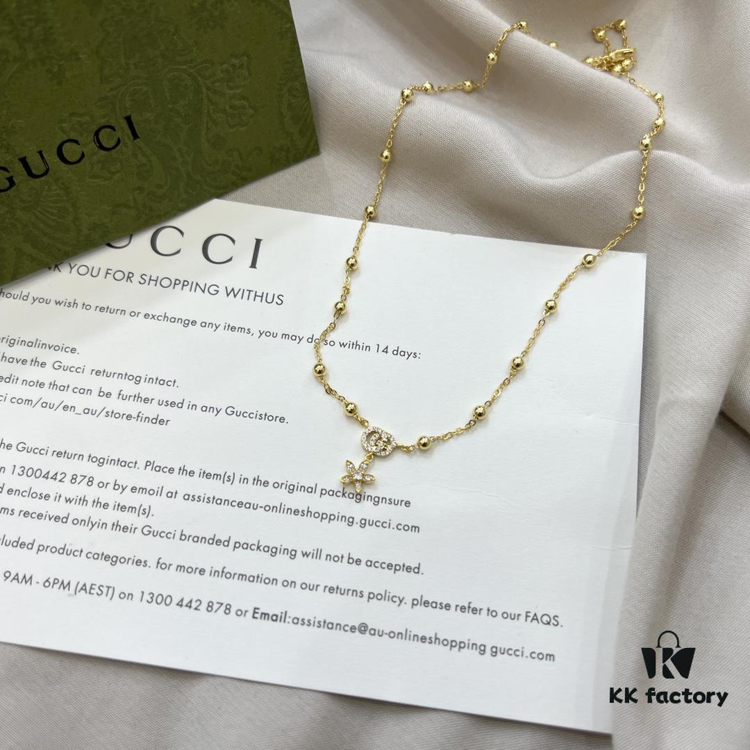 Gucci Gucci 925 Sterling Silver Double G Floral 18K White Gold Diamond Necklace